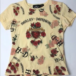 Harley-Davidson yellow red rose tattoo style Tee